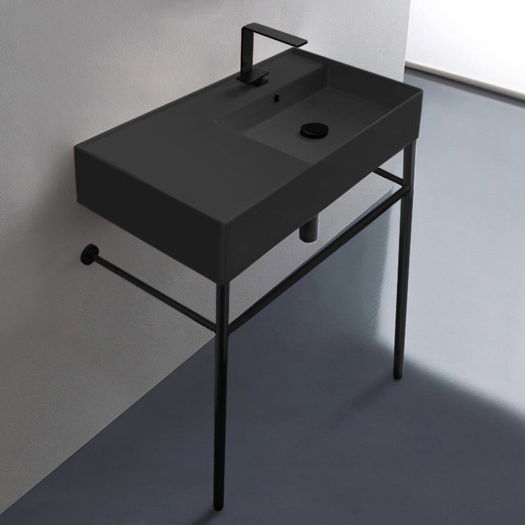 Matte Black Ceramic Console Sink and Matte Black Stand, 32"