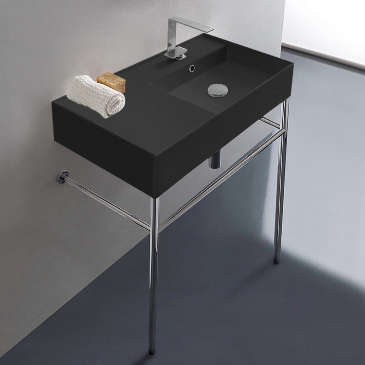 Matte Black Ceramic Console Sink and Polished Chrome Stand, 32"