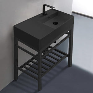 Modern Matte Black Ceramic Console Sink and Matte Black Base, 32"