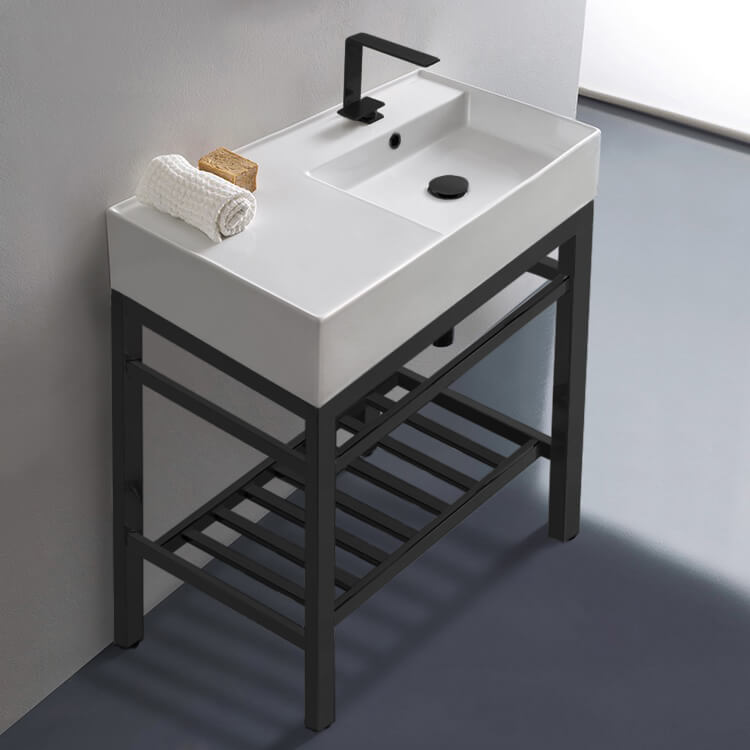 Modern Ceramic Console Sink With Counter Space and Matte Black Base, 32"