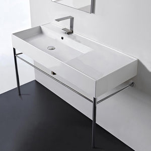 Rectangular Ceramic Console Sink and Polished Chrome Stand, 40"