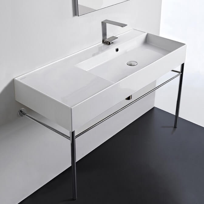 Rectangular Ceramic Console Sink and Polished Chrome Stand, 40"