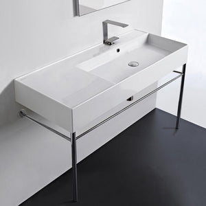 Rectangular Ceramic Console Sink and Polished Chrome Stand, 40"