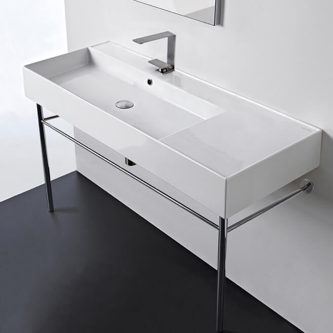 Rectangular Ceramic Console Sink and Polished Chrome Stand, 48"