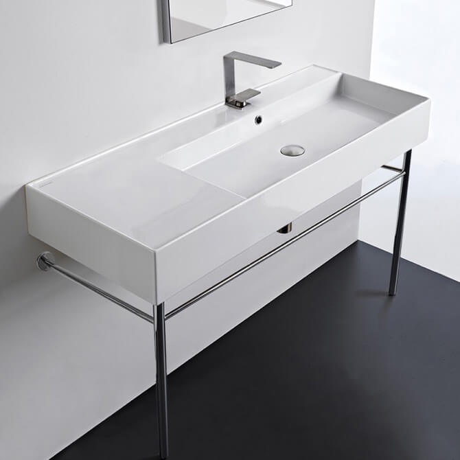 Rectangular Ceramic Console Sink and Polished Chrome Stand, 48"