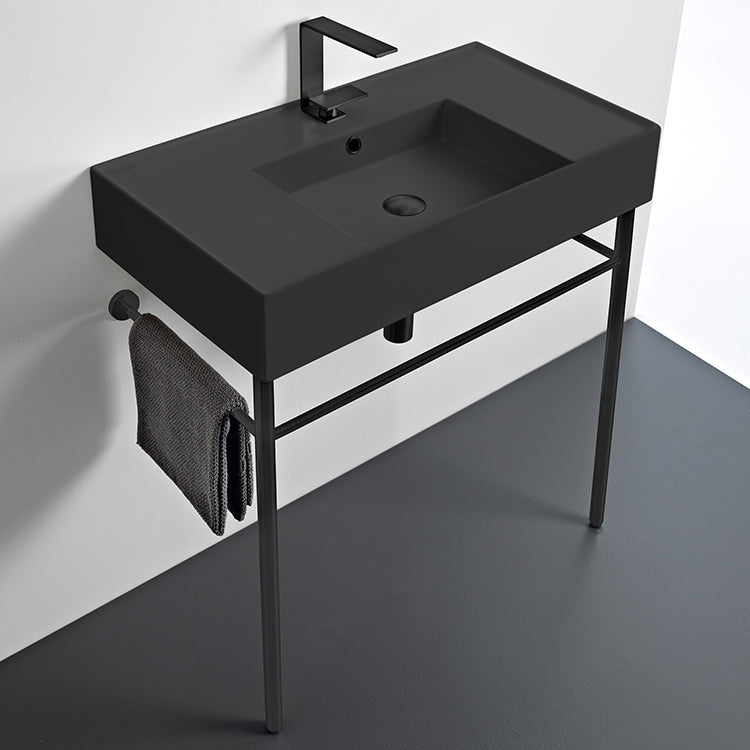 Matte Black Ceramic Console Sink and Matte Black Stand, 32"