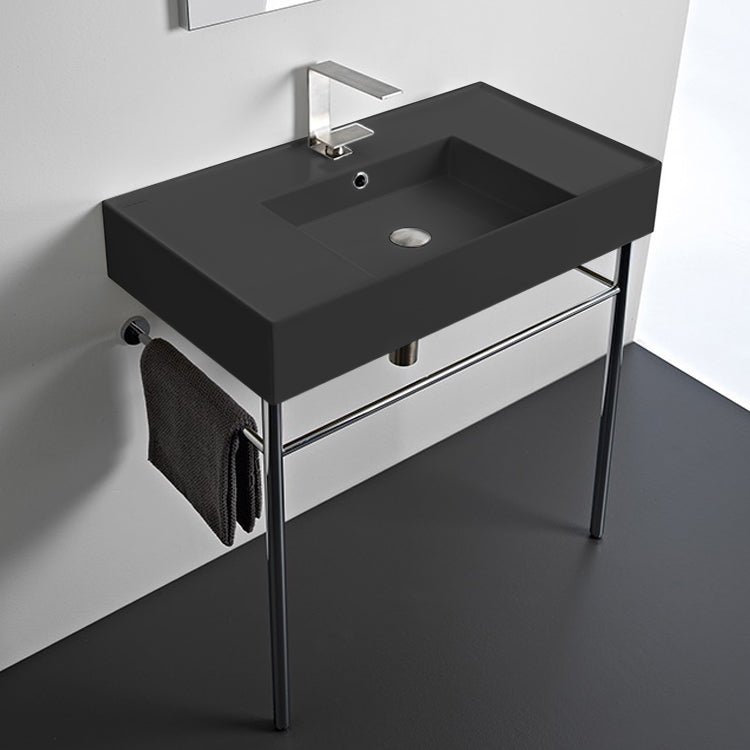 Matte Black Ceramic Console Sink and Polished Chrome Stand, 32"