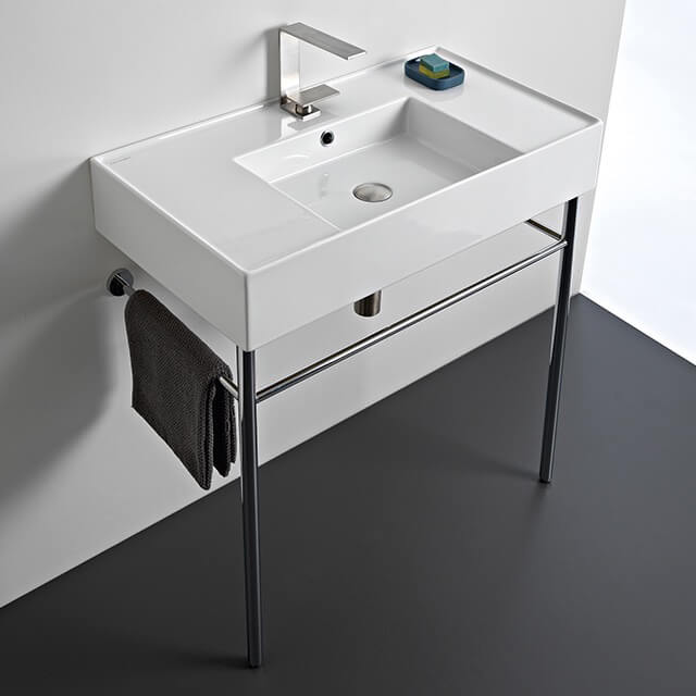 Rectangular Ceramic Console Sink and Polished Chrome Stand, 32"