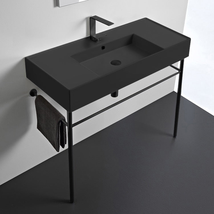 Matte Black Ceramic Console Sink and Matte Black Stand, 40"