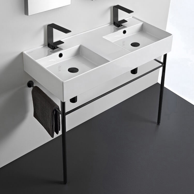 Double Ceramic Console Sink With Matte Black Stand, 40"