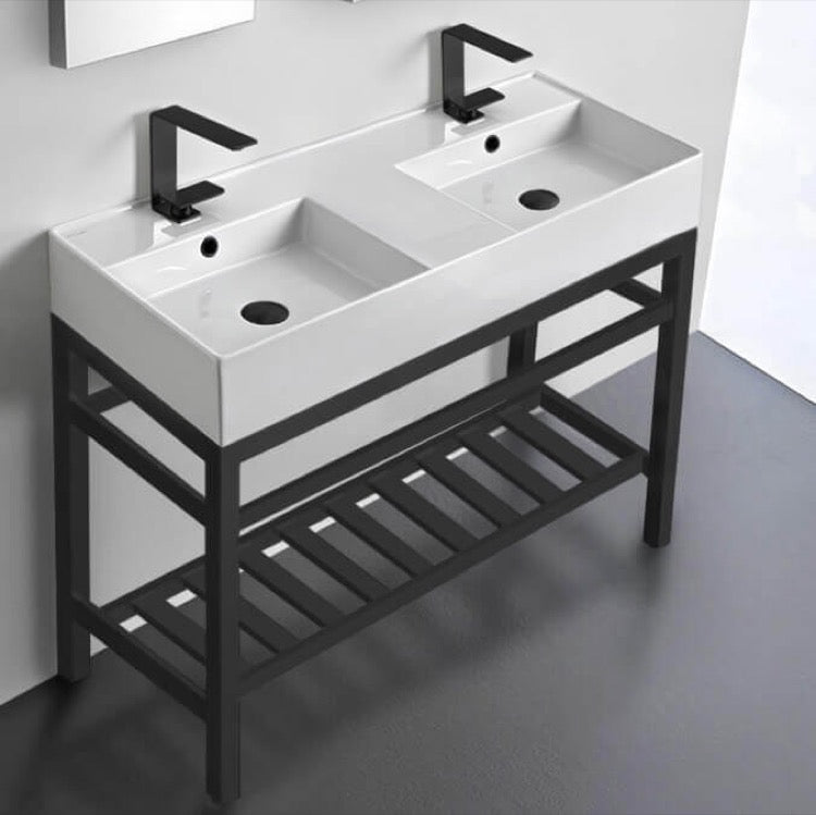 Double Ceramic Console Sink With Matte Black Stand, 40"