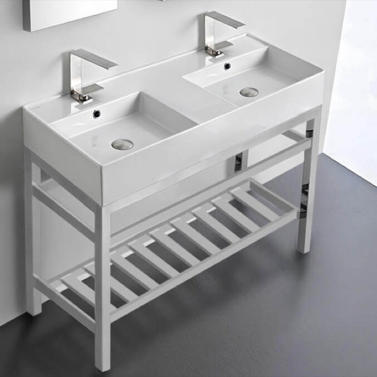 Double Ceramic Console Sink With Polished Chrome Stand, 40"