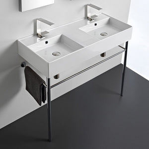 Double Ceramic Console Sink With Polished Chrome Stand, 40"