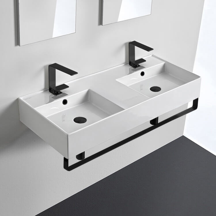 Double Ceramic Wall Mounted Sink With Matte Black Towel Holder