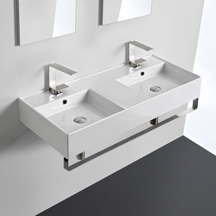 Double Ceramic Wall Mounted Sink With Polished Chrome Towel Holder