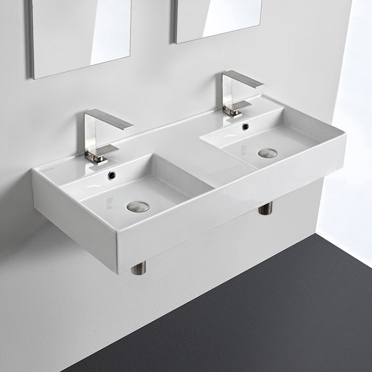 Double Rectangular Ceramic Wall Mounted or Vessel Sink With Counter Space
