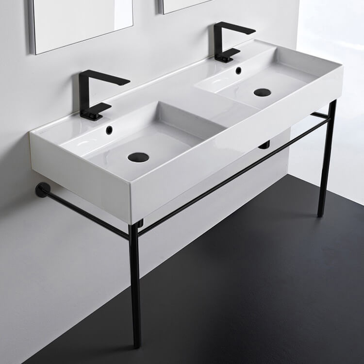 Double Ceramic Console Sink With Matte Black Stand, 48"