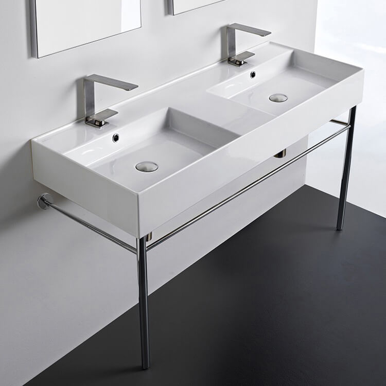 Double Ceramic Console Sink With Polished Chrome Stand, 48"