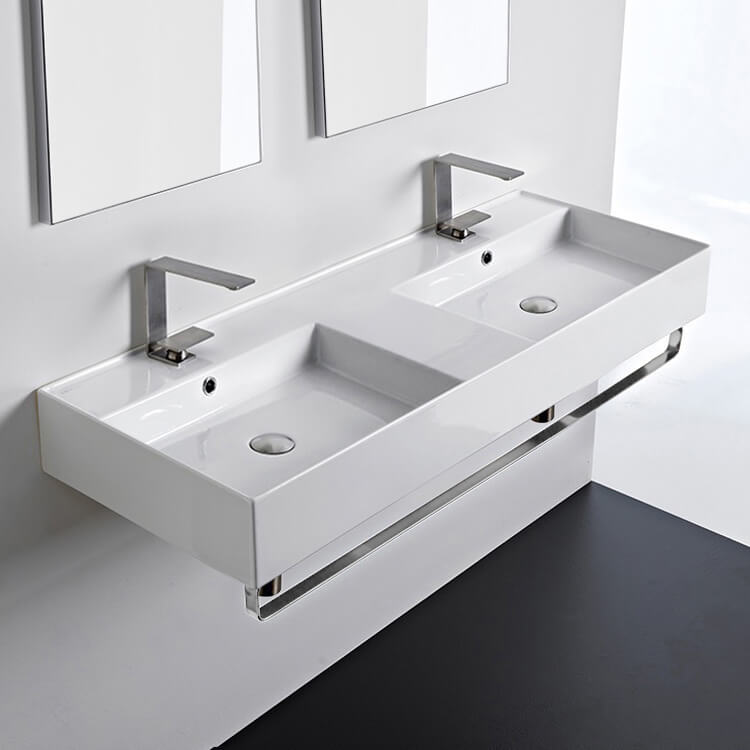 Double Ceramic Wall Mounted Sink With Polished Chrome Towel Holder