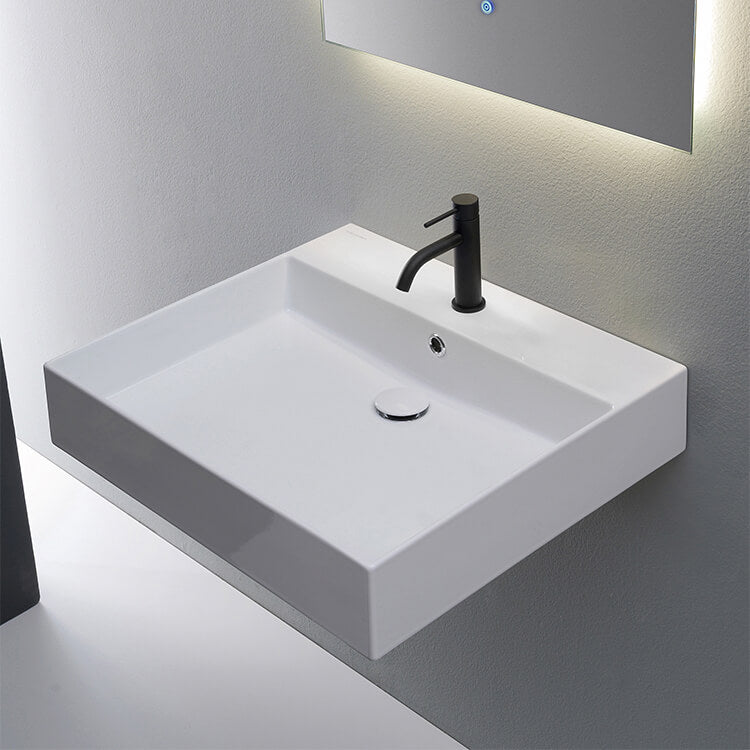 Rectangular White Ceramic Wall Mounted or Vessel Sink