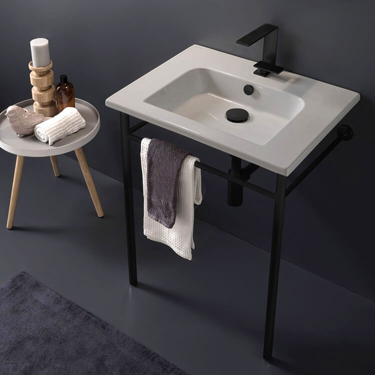 Ceramic Console Sink and Matte Black Stand, 24"