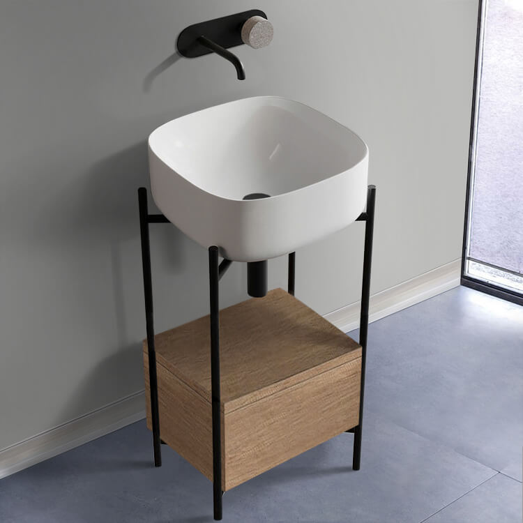 Small Console Sink Vanity With Ceramic Sink and Natural Brown Oak Drawer, 18"