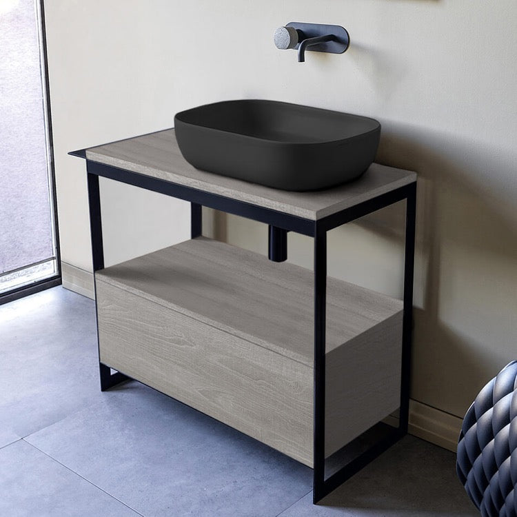 Console Sink Vanity With Matte Black Vessel Sink and Grey Oak Drawer, 35"