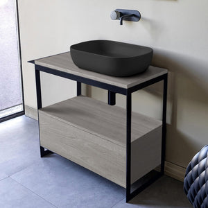 Console Sink Vanity With Matte Black Vessel Sink and Grey Oak Drawer, 35"