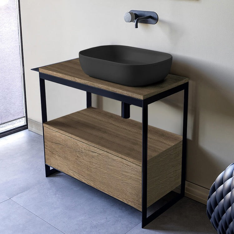 Console Sink Vanity With Matte Black Vessel Sink and Natural Brown Oak Drawer, 35"