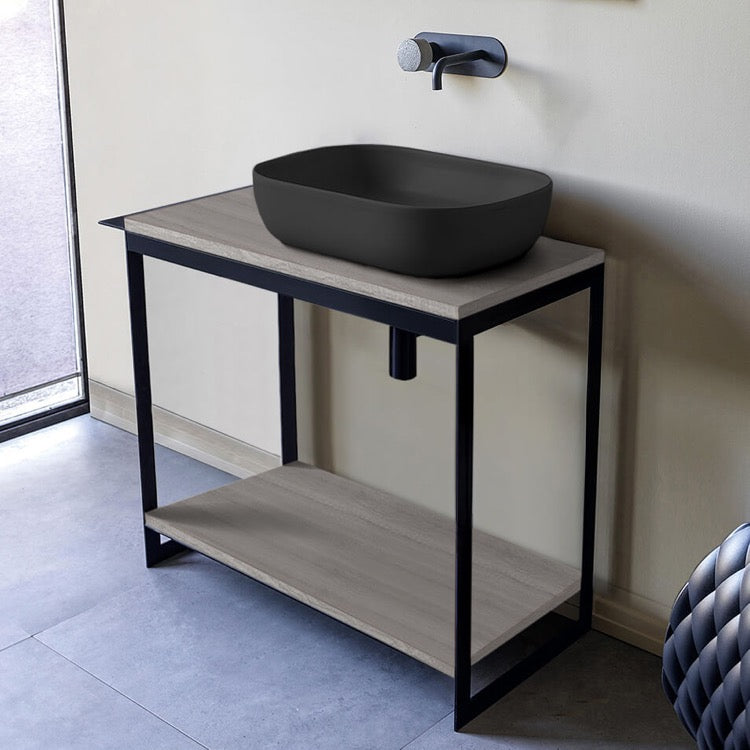 Console Sink Vanity With Matte Black Vessel Sink and Grey Oak Shelf, 35"