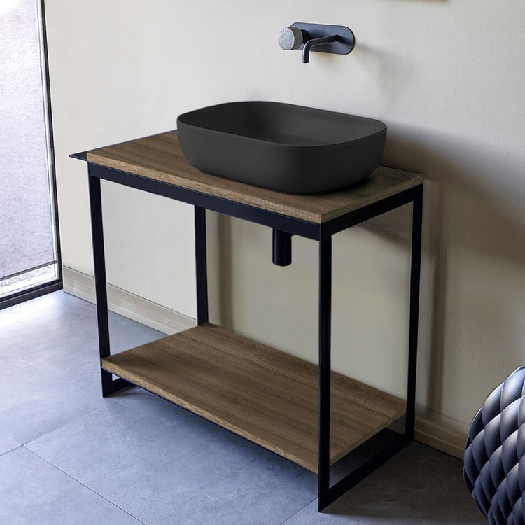 Console Sink Vanity With Matte Black Vessel Sink and Natural Brown Oak Shelf, 35"