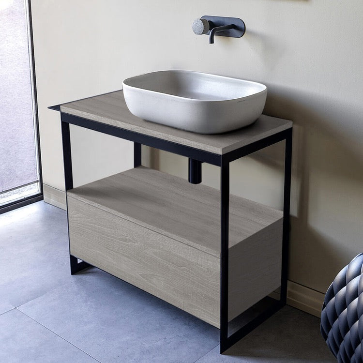 Console Sink Vanity With Ceramic Vessel Sink and Grey Oak Drawer, 35"