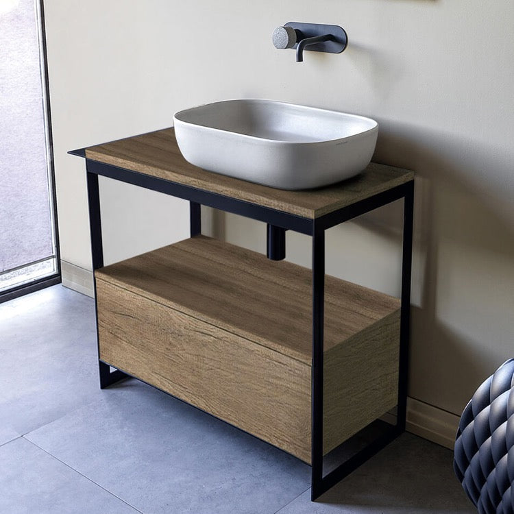 Console Sink Vanity With Ceramic Vessel Sink and Natural Brown Oak Drawer, 35"