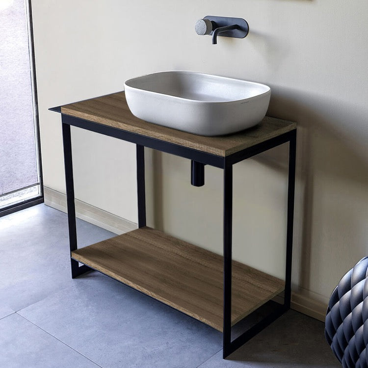 Console Sink Vanity With Ceramic Vessel Sink and Natural Brown Oak Shelf, 35"