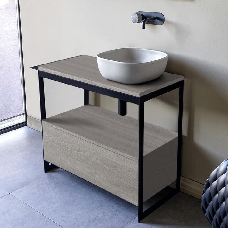 Console Sink Vanity With Ceramic Vessel Sink and Grey Oak Drawer, 35"