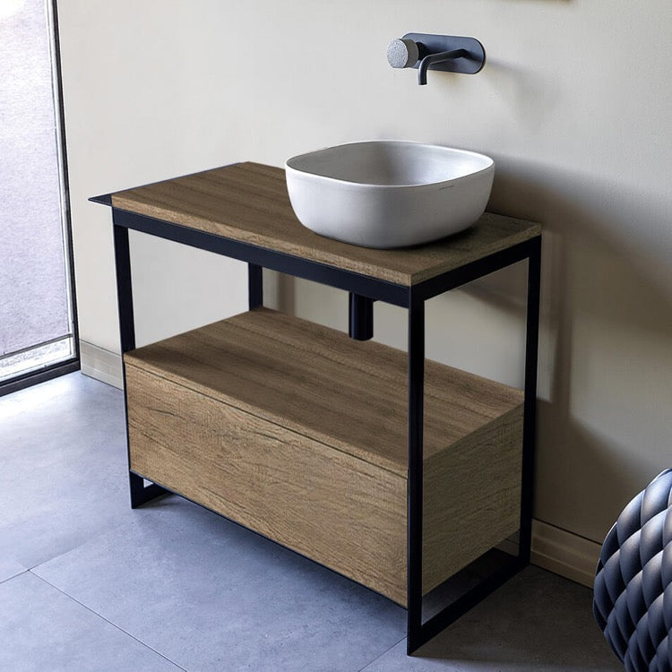 Console Sink Vanity With Ceramic Vessel Sink and Natural Brown Oak Drawer, 35"