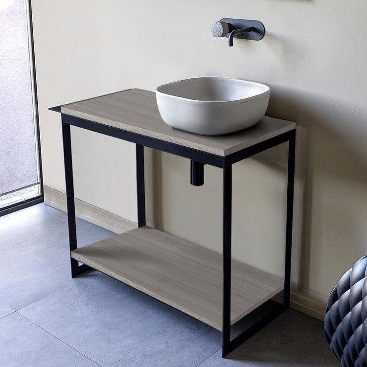 Console Sink Vanity With Ceramic Vessel Sink and Grey Oak Shelf, 35"