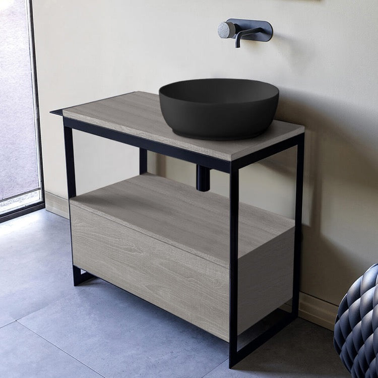 Console Sink Vanity With Matte Black Vessel Sink and Grey Oak Drawer, 35"