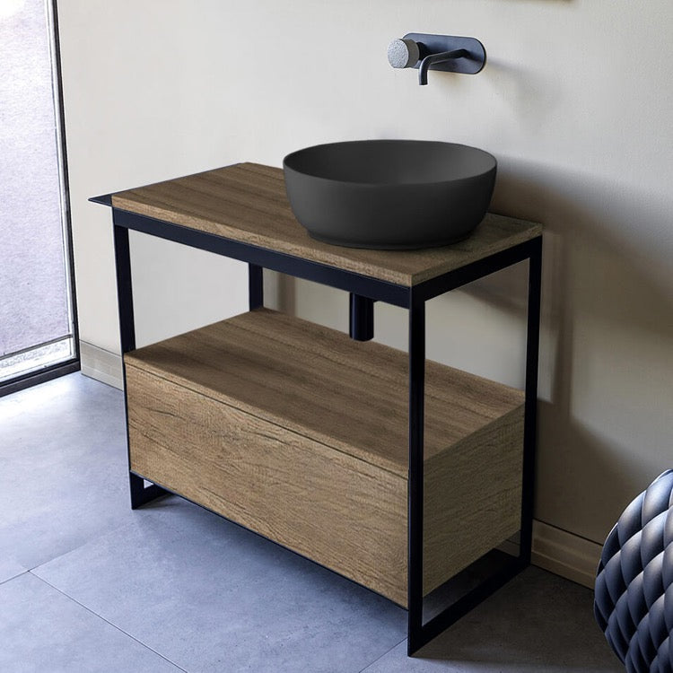 Console Sink Vanity With Matte Black Vessel Sink and Natural Brown Oak Drawer, 35"