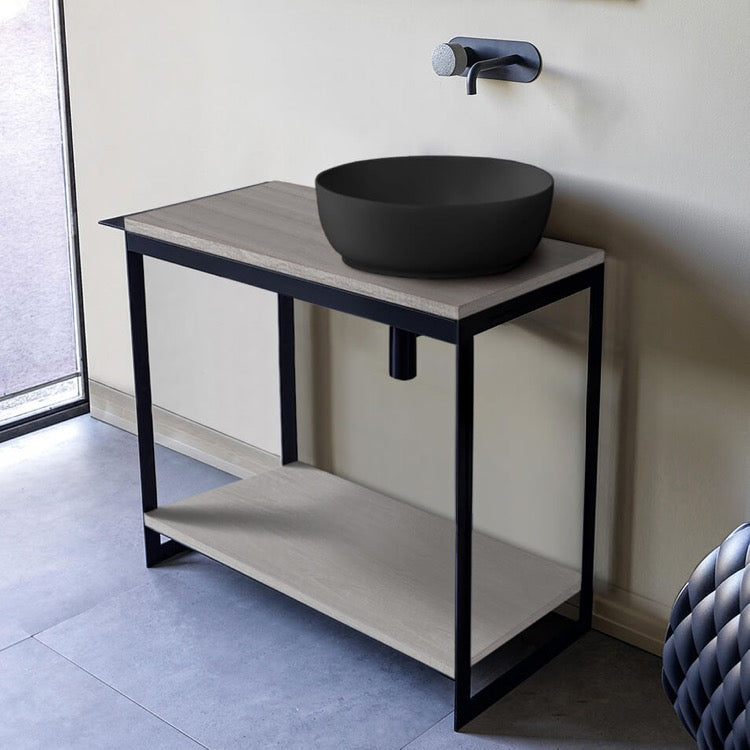 Console Sink Vanity With Matte Black Vessel Sink and Grey Oak Shelf, 35"