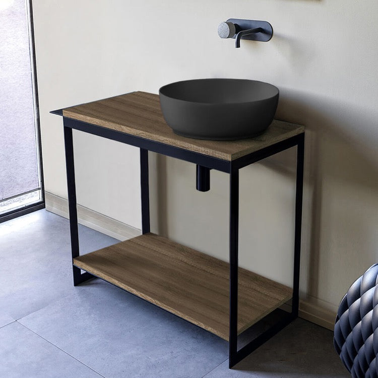 Console Sink Vanity With Matte Black Vessel Sink and Natural Brown Oak Shelf, 35"