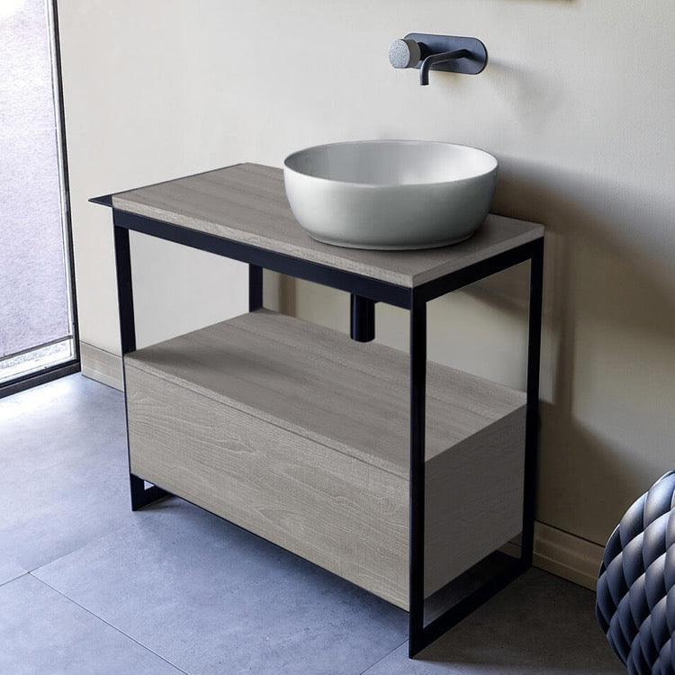 Console Sink Vanity With Ceramic Vessel Sink and Grey Oak Drawer, 35"