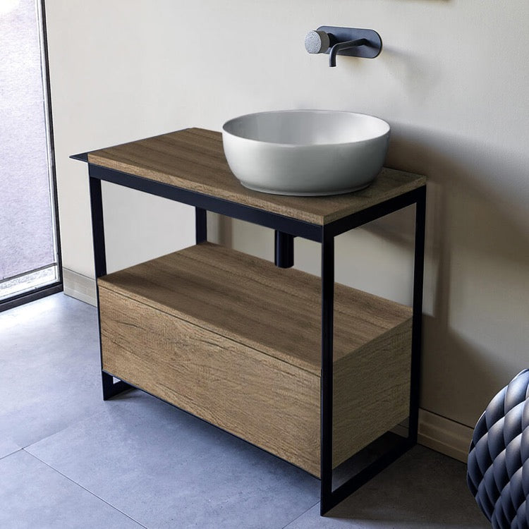 Console Sink Vanity With Ceramic Vessel Sink and Natural Brown Oak Drawer, 35"