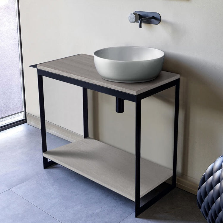 Console Sink Vanity With Ceramic Vessel Sink and Grey Oak Shelf, 35"