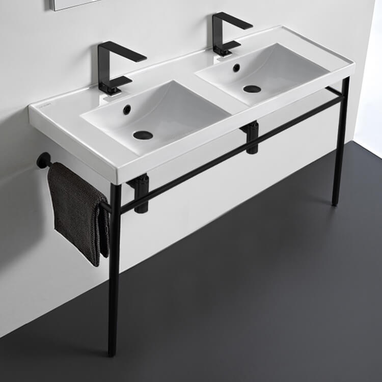 Double Ceramic Console Sink and Matte Black Stand, 48"