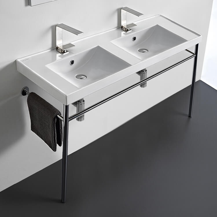 Double Basin Ceramic Console Sink and Polished Chrome Stand, 48"