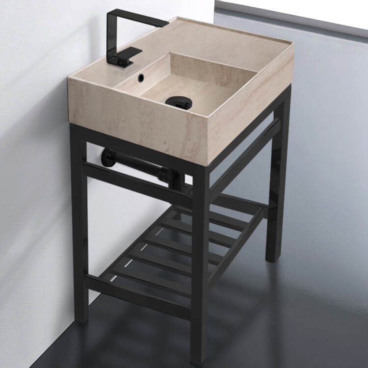 Modern Beige Travertine Design Ceramic Console Sink and Matte Black Base, 24"