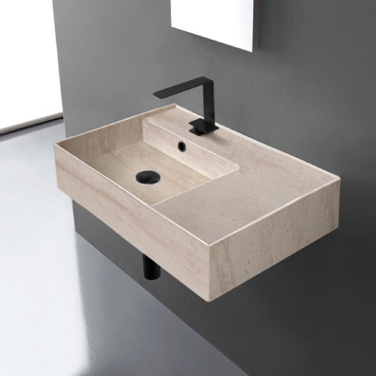 Beige Travertine Design Ceramic Wall Mounted or Vessel Sink With Counter Space