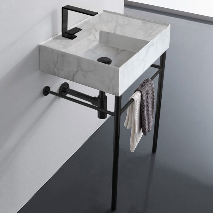 Marble Design Ceramic Console Sink and Matte Black Stand, 24"