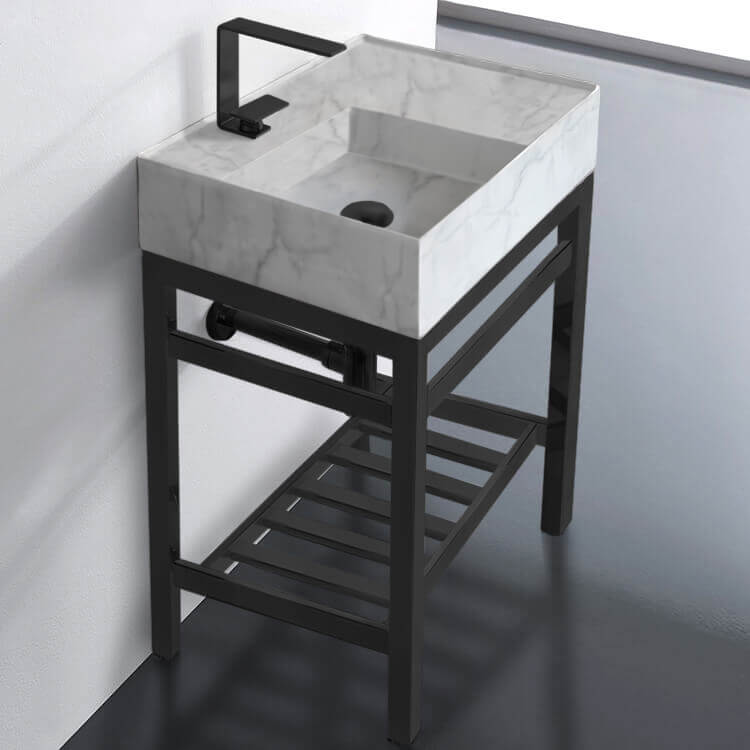 Modern Marble Design Ceramic Console Sink and Matte Black Base, 24"